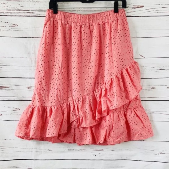 Nanette Lepore Coral Pink Flamingo Eyelet Ruffled Skirt NWT 78.00 - Picture 2 of 8